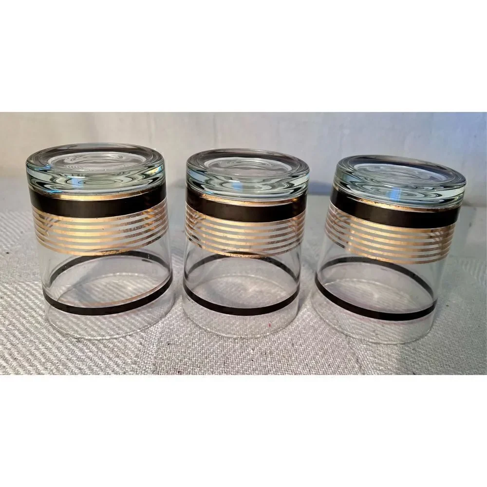 VTG SET 3 MCM Black & Gold Stripe STRIPED Low Ball Rocks Bar Glasses Whiskey